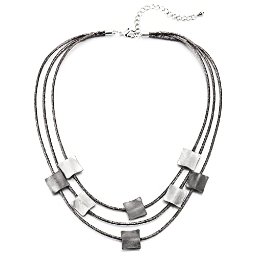 COOLSTEELANDBEYOND Drei Stränge Lätzchen Halsband Choker Halsketten mit Grau Silber Quadrat Charme Anhänger, Partei Abendkleid von COOLSTEELANDBEYOND