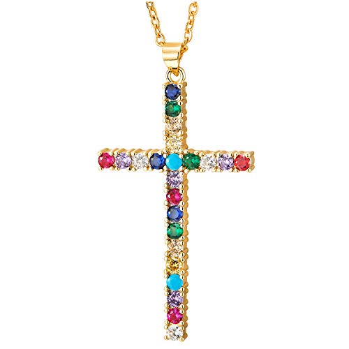 COOLSTEELANDBEYOND Damen Bunter Zirkonia Kreuz-Anhänger Edelstah Halskette mit Stahl Verstellbare Seil-Kette, Einzigartige von COOLSTEELANDBEYOND