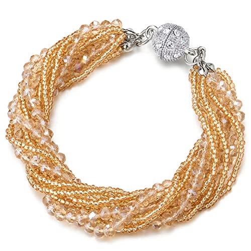 COOLSTEELANDBEYOND Damen Champagner Gold Kristall Wulst Multi-Strang Armband mit Strass Ball Charme Magnetverschluss von COOLSTEELANDBEYOND