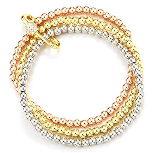 COOLSTEELANDBEYOND Damen Drei Ton Wulst Armband Gold Silber Rotgold, DREI Stränge mit Zirkonia Knebelverschluss COOLSTEELANDBEYOND Damen Drei Ton Wulst Armband Gold Silber Rotgold, DREI Stränge mit Zirkonia Knebelverschluss von COOLSTEELANDBEYOND