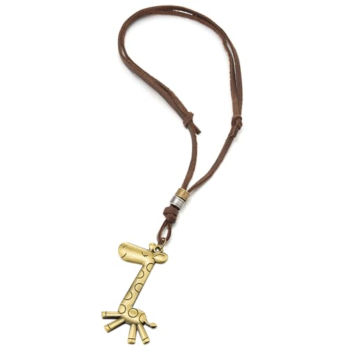 COOLSTEELANDBEYOND Damen Gealtertes Messing Niedliche Giraffe Anhänger Halskette mit Verstellbaren Braun Lederband von COOLSTEELANDBEYOND
