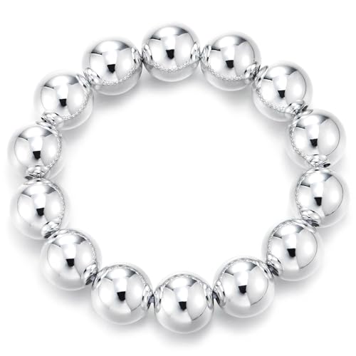 COOLSTEELANDBEYOND Damen Große Perlen Armband, Poliert Silber Runder Wulst Dehnbare Elastische, Mode Alltäglich Verschleiß von COOLSTEELANDBEYOND
