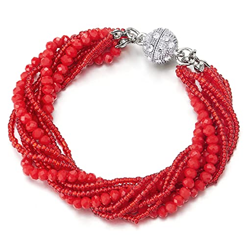 COOLSTEELANDBEYOND Damen Mädchen Rot Kristall Wulst Multi-Strang Armband mit Strass Ball Charme Magnetverschluss COOLSTEELANDBEYOND Damen Mädchen Rot Kristall Wulst Multi-Strang Armband mit Strass Ball Charme Magnetverschluss von COOLSTEELANDBEYOND