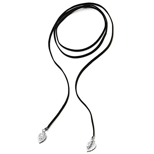 COOLSTEELANDBEYOND Damen Mädchen Schwarz Wickeln Choker Halskette mit Blatt Anhänger, Bolo Tie, Krawatte, Lariat Lange Y Halskette von COOLSTEELANDBEYOND