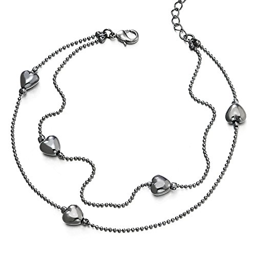 COOLSTEELANDBEYOND Damen Mädchen Zweireihige Grau Schwarz Kugelkette Fußkette Fußkettchen mit Puff Herz und Klingglöckchen, Verstellbare von COOLSTEELANDBEYOND