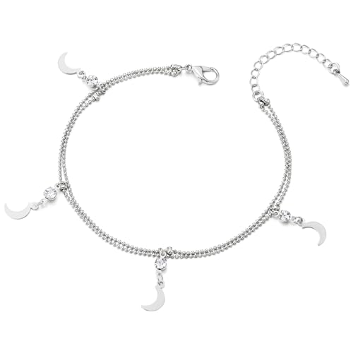 COOLSTEELANDBEYOND Damen Mond Anhänger Fußkettchen mit Perlenkette Zart Himmlisches Verstellbares Fußkettchen von COOLSTEELANDBEYOND