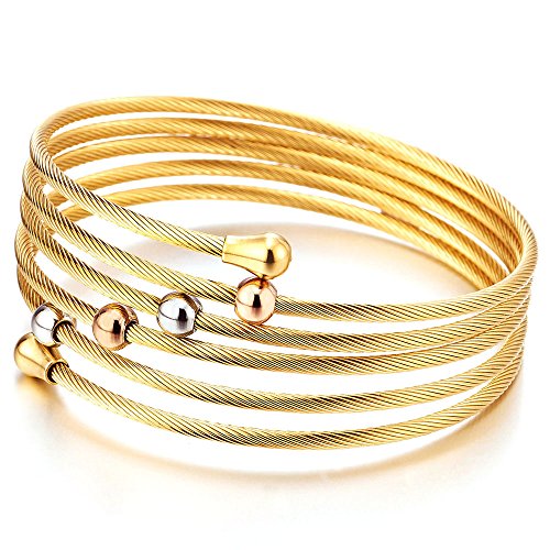 COOLSTEELANDBEYOND Damen Multi-Strang Elastische Verstellbare Edelstahl Gold Verdrehten Stahlkabel Armband Armreif mit Wulst Charme COOLSTEELANDBEYOND Damen Multi-Strang Elastische Verstellbare Edelstahl Gold Verdrehten Stahlkabel Armband Armreif mit Wulst Charme von COOLSTEELANDBEYOND