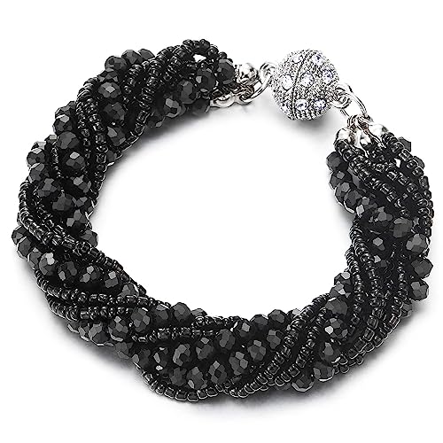 COOLSTEELANDBEYOND Damen Schwarz Kristall Wulst Multi-Strang Armband mit Strass Ball Charme Magnetverschluss von COOLSTEELANDBEYOND