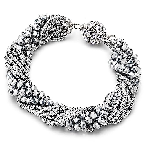 COOLSTEELANDBEYOND Damen Silber Farbe Kristall Wulst Multi-Strang Armband mit Strass Ball Charme Magnetverschluss von COOLSTEELANDBEYOND