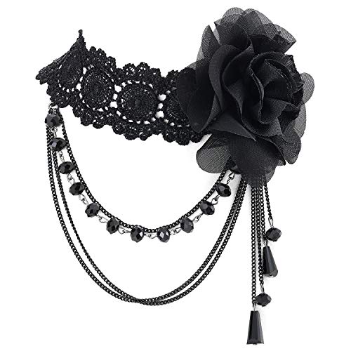 COOLSTEELANDBEYOND Damen Viktorianisch Schwarz Spitze Choker Halsketten Halskette mit Blumen Wulst Charm Kette Anhänger von COOLSTEELANDBEYOND