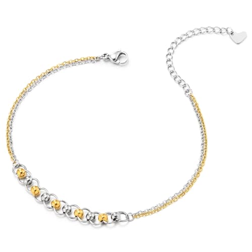 COOLSTEELANDBEYOND Damen Zweifarbige Edelstahl Fußkettchen mit Goldenen Perlen Doppel Kette Verstellbare Strand Fußkettchen von COOLSTEELANDBEYOND