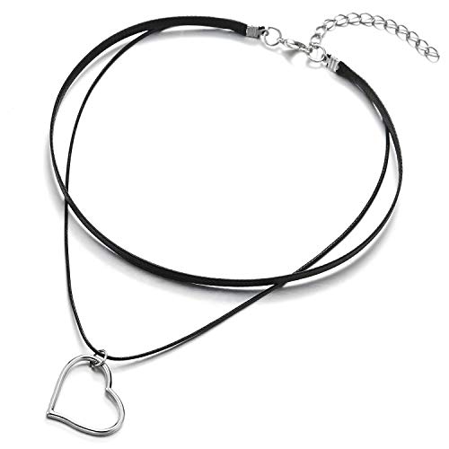 COOLSTEELANDBEYOND Damen Zweireihige Choker Halsketten Schwarz Halskette mit Offenes Herz von COOLSTEELANDBEYOND