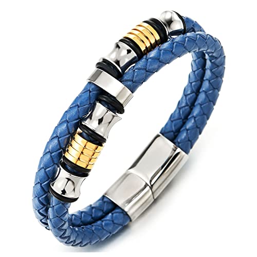 COOLSTEELANDBEYOND Doppel-Lap Blau Lederarmband Herren Armband Geflochtenem Leder Schweißband mit Silber Gold Edelstahl Verschluss von COOLSTEELANDBEYOND