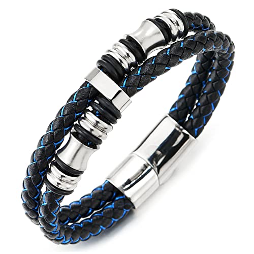 COOLSTEELANDBEYOND Doppel-Lap Schwarz Blau Geflochtenem Lederarmband Herren Armband Leder Schweißband Silber Edelstahl Verschluss von COOLSTEELANDBEYOND