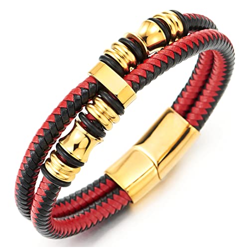 COOLSTEELANDBEYOND Doppel-Lap Schwarz Rot Geflochtenem Lederarmband Herren Armband Leder Schweißband Gold Edelstahl Verschluss von COOLSTEELANDBEYOND