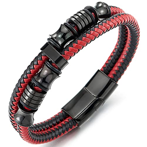 COOLSTEELANDBEYOND Doppel-Lap Schwarz Rot Geflochtenem Lederarmband Herren Armband Leder Schweißband Schwarz Edelstahl Verschluss von COOLSTEELANDBEYOND