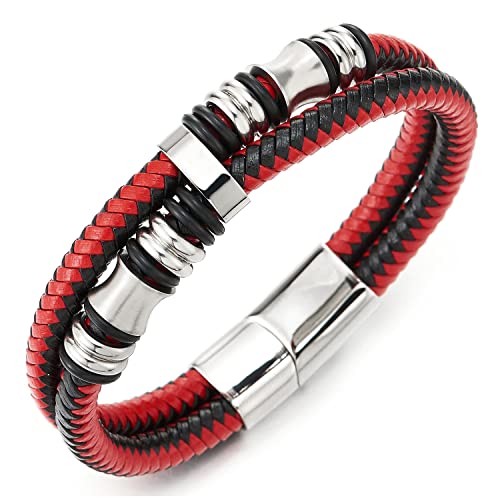 COOLSTEELANDBEYOND Doppel-Lap Schwarz Rot Geflochtenem Lederarmband Herren Armband Leder Schweißband Silber Edelstahl Verschluss von COOLSTEELANDBEYOND