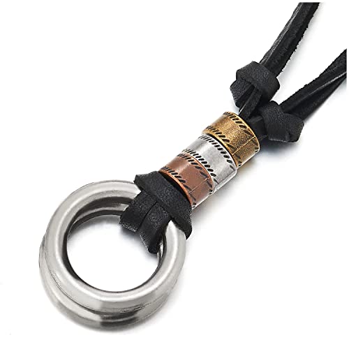 COOLSTEELANDBEYOND Doppel Offenes Kreis Wulst Anhänger Charme Herren Damen Halskette Verstellbaren Schwarz Lederband von COOLSTEELANDBEYOND