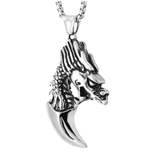 COOLSTEELANDBEYOND Drachenkrallen Halskette für Herren, Edelstahl Anhänger Bestienkopf mit Gebogener Hornform, Gotischer Punk Schmuck von COOLSTEELANDBEYOND