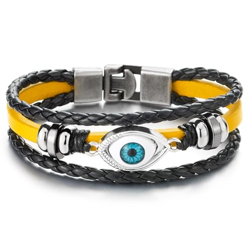 COOLSTEELANDBEYOND Drei Reihen Herren Damen Tribal Bösen Blick Wulst Charme - Schwarz Gelb Leder Armband, Wickeln Schweißband Armband COOLSTEELANDBEYOND Drei Reihen Herren Damen Tribal Bösen Blick Wulst Charme - Schwarz Gelb Leder Armband, Wickeln Schweißband Armband von COOLSTEELANDBEYOND