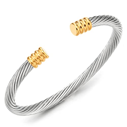 COOLSTEELANDBEYOND Dünne Edelstahl Armband für Herren Damen Verdrehten Stahlkabel Armreif, Silber Gold Poliert, Elastische Verstellbare von COOLSTEELANDBEYOND