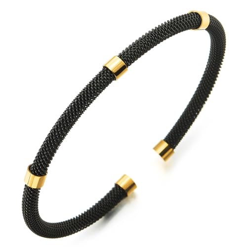 COOLSTEELANDBEYOND Dünne Schwarz Edelstahl Gitter Kabel Manschetten Armreif Armband mit Gold Rohr Wulst, für Herren Damen von COOLSTEELANDBEYOND