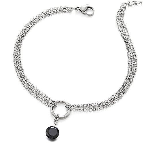 COOLSTEELANDBEYOND Edelstahl Damen-Fußkette Multi-Strang Fußkettchen mit Charms Schwarz Zirkonia 8MM und Klingglöckchen von COOLSTEELANDBEYOND