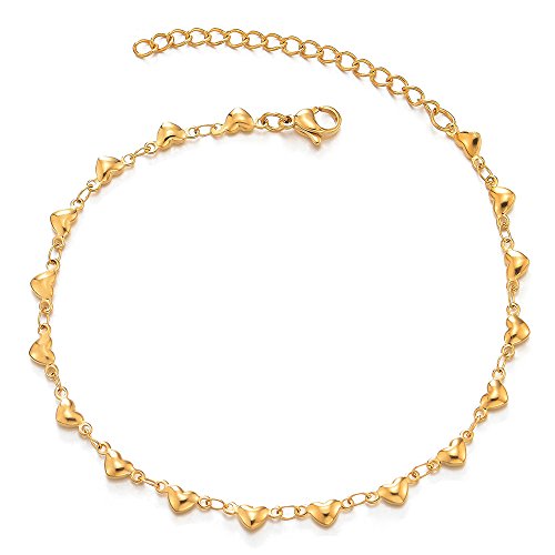 COOLSTEELANDBEYOND Edelstahl Damen Mädchen Gold Puff Herz Gliederkette Fußkette Fußkettchen, Verstellbare von COOLSTEELANDBEYOND