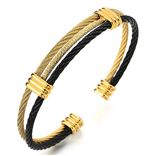 COOLSTEELANDBEYOND Edelstahl Elastische Herren Damen Armband Verstellbare Stahlkabel Armreif Schwarz und Gold Zweifarbig von COOLSTEELANDBEYOND