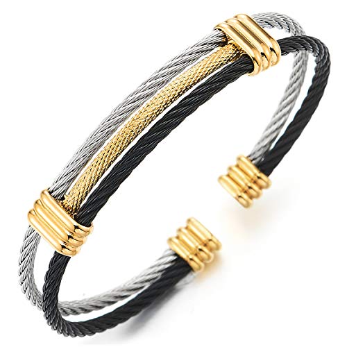 COOLSTEELANDBEYOND Edelstahl Elastische Herren Damen Armband Verstellbare Stahlkabel Armreif Silber Gold Schwarz von COOLSTEELANDBEYOND