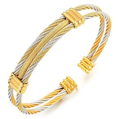 COOLSTEELANDBEYOND Edelstahl Elastische Herren Damen Armband Verstellbare Stahlkabel Armreif Silber Gold Zweifarbig von COOLSTEELANDBEYOND