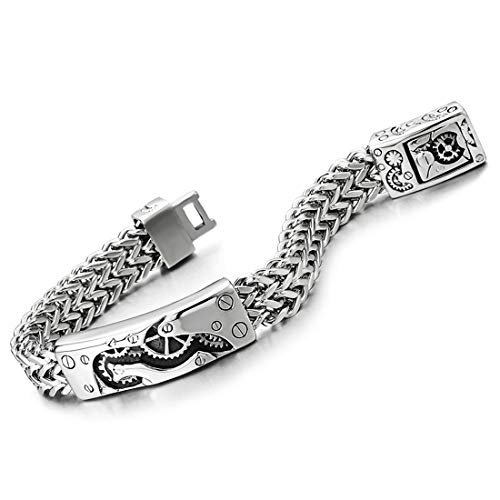 COOLSTEELANDBEYOND Edelstahl Franco Link Panzerkette Steampunk Zahnrad Schraube Kopf ID Identifikations Armband Vintage Federringverschluss von COOLSTEELANDBEYOND