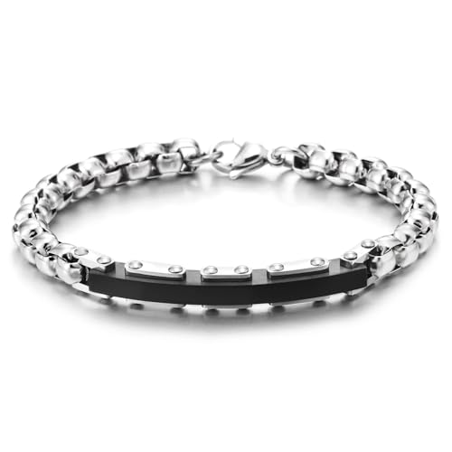 COOLSTEELANDBEYOND Edelstahl-Gliederarmband für Herren mit Schwarzer Plattenakzent Industrie-Stil Punk Biker Schmuck von COOLSTEELANDBEYOND