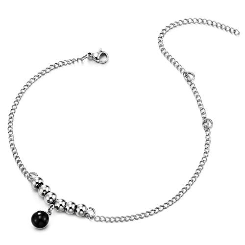 COOLSTEELANDBEYOND Edelstahl Gliederkette Damen-Fußkette Fußkettchen mit Charm Wulst Schnur Baumelnde Schwarz Onyx Wulst, Verstellbare von COOLSTEELANDBEYOND