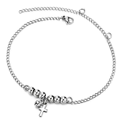COOLSTEELANDBEYOND Edelstahl Gliederkette Damen-Fußkette Fußkettchen mit Wulst Schnur, Baumelnde Kreuz Charms und Klingglöckchen von COOLSTEELANDBEYOND