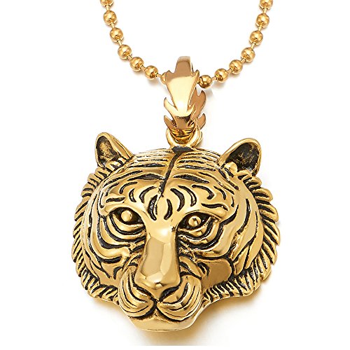 COOLSTEELANDBEYOND Edelstahl Gold Tiger Kopf Anhänger Herren Damen Halskette mit 75cm Stahl Kugelkette von COOLSTEELANDBEYOND