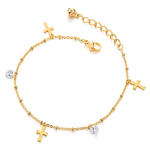 COOLSTEELANDBEYOND Edelstahl Goldfarben Damen-Fußkette Fußkettchen mit Charms Kreuz, Zirkonia und Klingglöckchen von COOLSTEELANDBEYOND