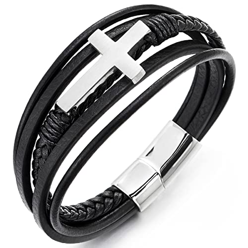 COOLSTEELANDBEYOND Edelstahl Horizontalen Seite Seitlich Flacher Kreuz Multi-strang Schwarz Lederarmband Armreif für Herren Damen von COOLSTEELANDBEYOND