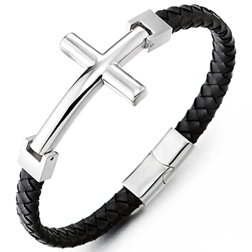 COOLSTEELANDBEYOND Edelstahl Horizontalen Seite Seitlich Kreuz Schwarz Geflochtene Lederarmband Armreif für Herren Damen von COOLSTEELANDBEYOND