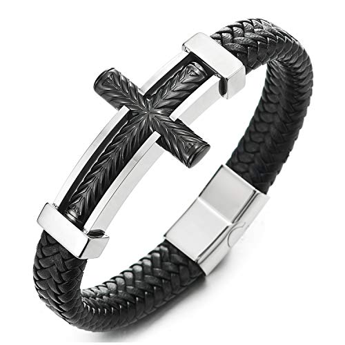 COOLSTEELANDBEYOND Edelstahl Horizontalen Seite Seitlich Kreuz Silber Schwarz ID Identifikations Schwarz Geflochtene Leder Armreif Armband von COOLSTEELANDBEYOND