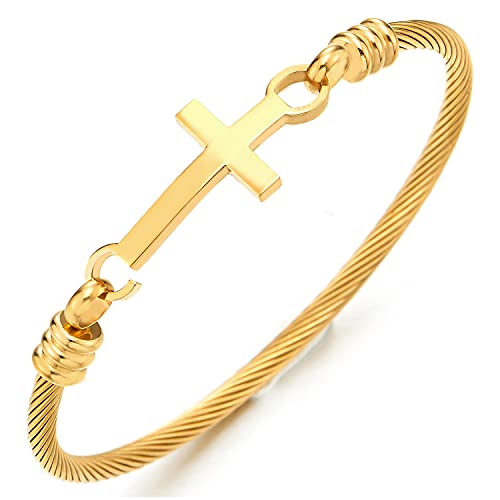 COOLSTEELANDBEYOND Edelstahl Horizontalen Seite Seitlich Kreuz Verdrehten Stahlkabel Armband für Damen, Goldfarben von COOLSTEELANDBEYOND