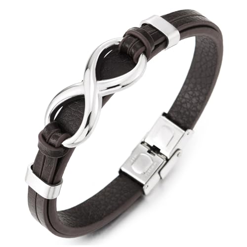 COOLSTEELANDBEYOND Edelstahl Infinity Liebe Unendlich Number 8 Freundschaft Braun Leder Schweißband Armband, Herren Damen von COOLSTEELANDBEYOND