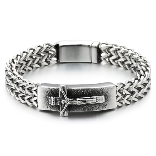 COOLSTEELANDBEYOND Edelstahl Jesus Christus Kruzifix Kreuz Armband für Herren, Quadratische Franco Kette, Rauhe Oberfläche von COOLSTEELANDBEYOND
