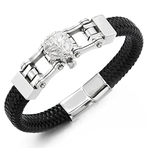 COOLSTEELANDBEYOND Edelstahl Löwenkopf Fahrradkette Motorrad Motorradkette Geflochtenes Leder-Armband Armreif für Herren, Magnetverschluss von COOLSTEELANDBEYOND