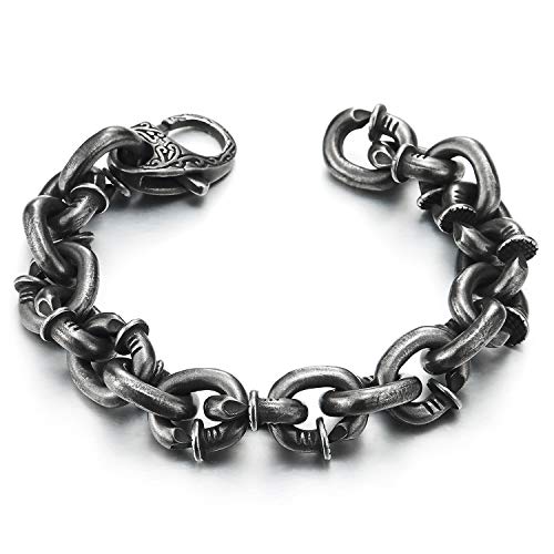 COOLSTEELANDBEYOND Edelstahl Nägel Rolo Gliederkette Armband Tribal Tätowierung Muster Federringverschluss Gealterte Metallveredelung von COOLSTEELANDBEYOND