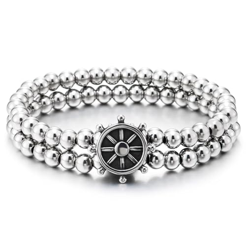 COOLSTEELANDBEYOND Edelstahl Nautisches Steuerrad-Armband Silberfarbene Perlen Elastisch mit Schiffsruder-Anhänger Vintage Piraten-Stil von COOLSTEELANDBEYOND