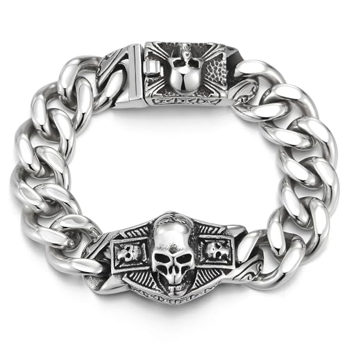 COOLSTEELANDBEYOND Edelstahl Panzerkette Herren Große Schädel ID Identifikations Armband, Schädel Charme Verschluss von COOLSTEELANDBEYOND