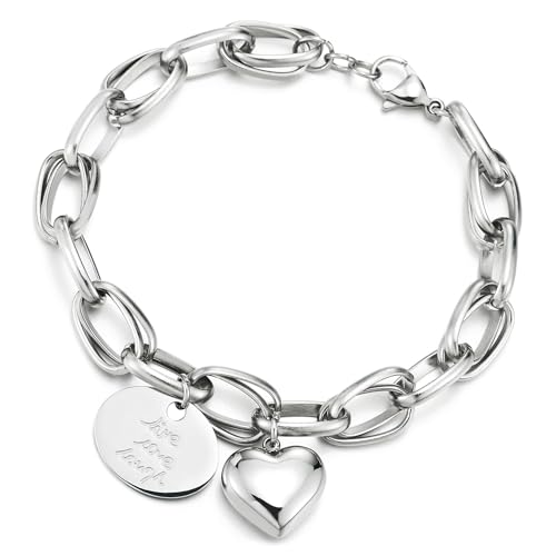 COOLSTEELANDBEYOND Edelstahl Rolo Kette Armband mit Baumelnde Puff Herz und Scheibe, Poliert, für Damen von COOLSTEELANDBEYOND