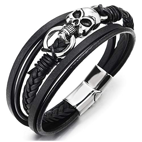 COOLSTEELANDBEYOND Edelstahl Schädel Multi-Strang Schwarz Geflochtene Lederarmband Armreif für Herren Damen von COOLSTEELANDBEYOND