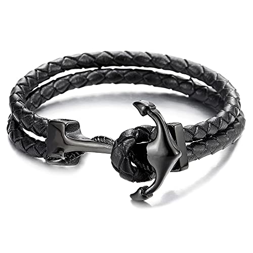 COOLSTEELANDBEYOND Edelstahl Schwarz Anker Armband Herren Damen Armband Schwarz Geflochtene Lederarmband Leder Armreif von COOLSTEELANDBEYOND